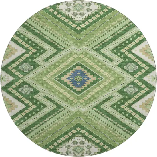 8' Green Navy Blue And Ivory Tribal Washable Round Rug With UV Protection Photo 1