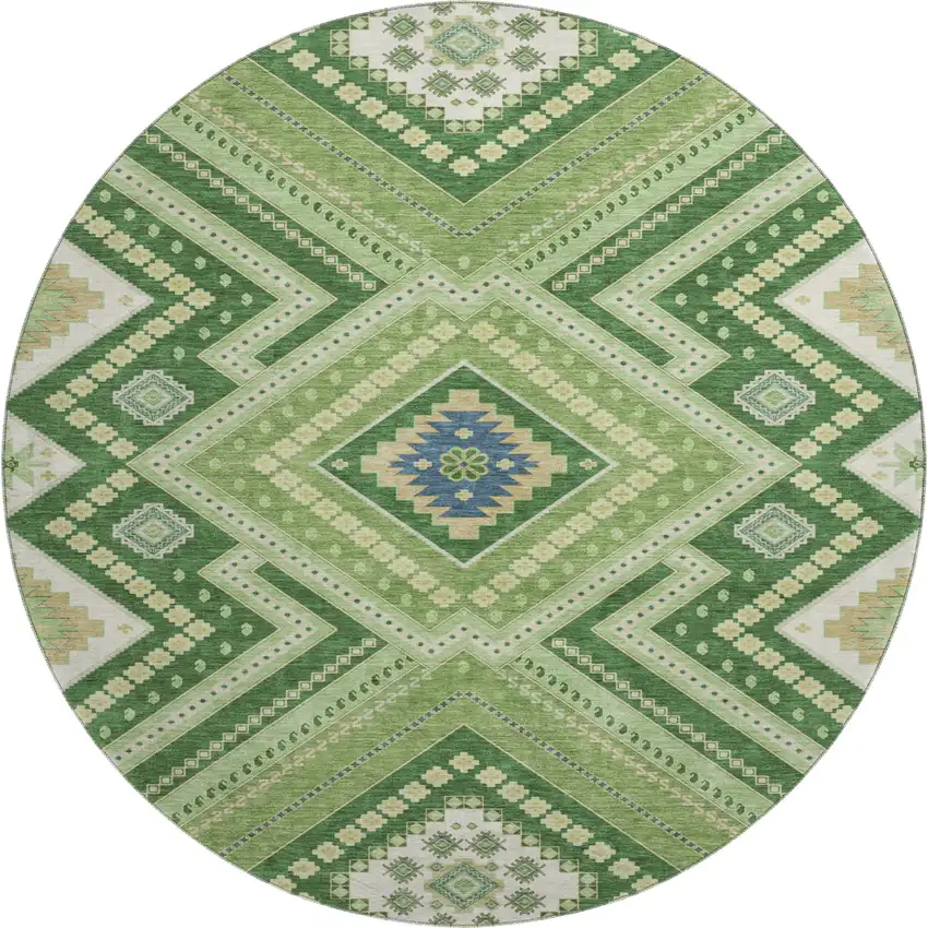 8' Green Navy Blue And Ivory Tribal Washable Round Rug With UV Protection Photo 1