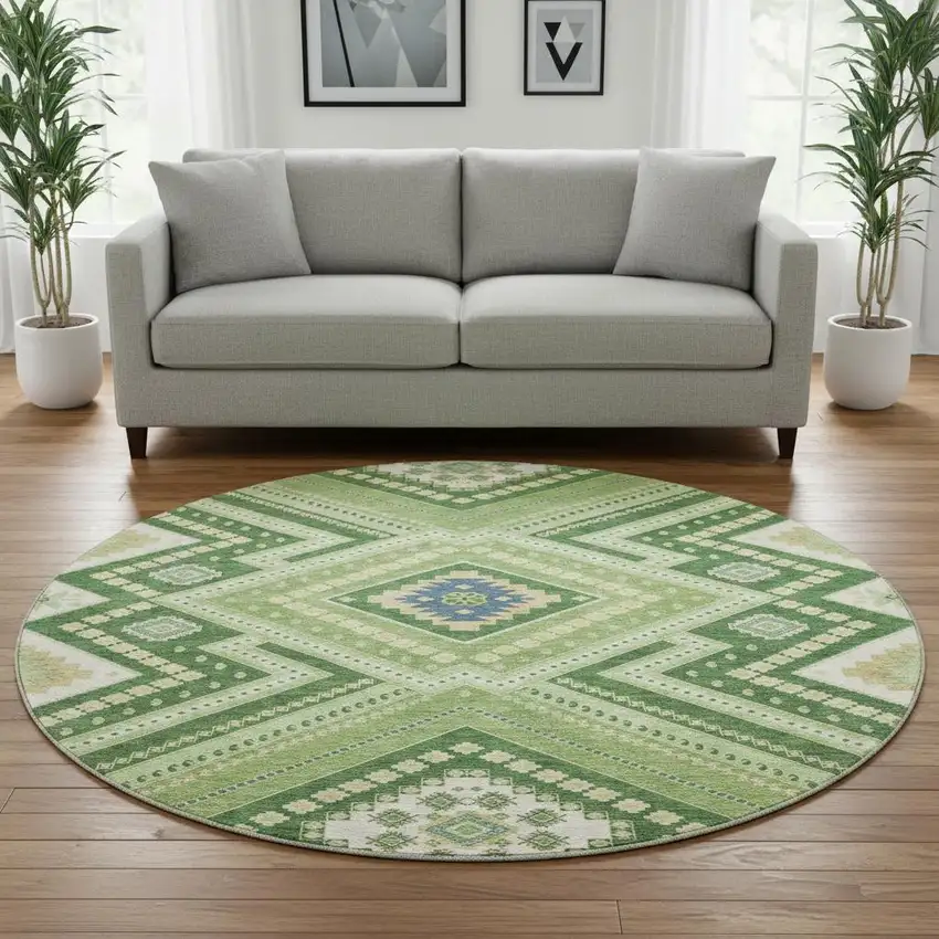 8' Green Navy Blue And Ivory Tribal Washable Round Rug With UV Protection Photo 2