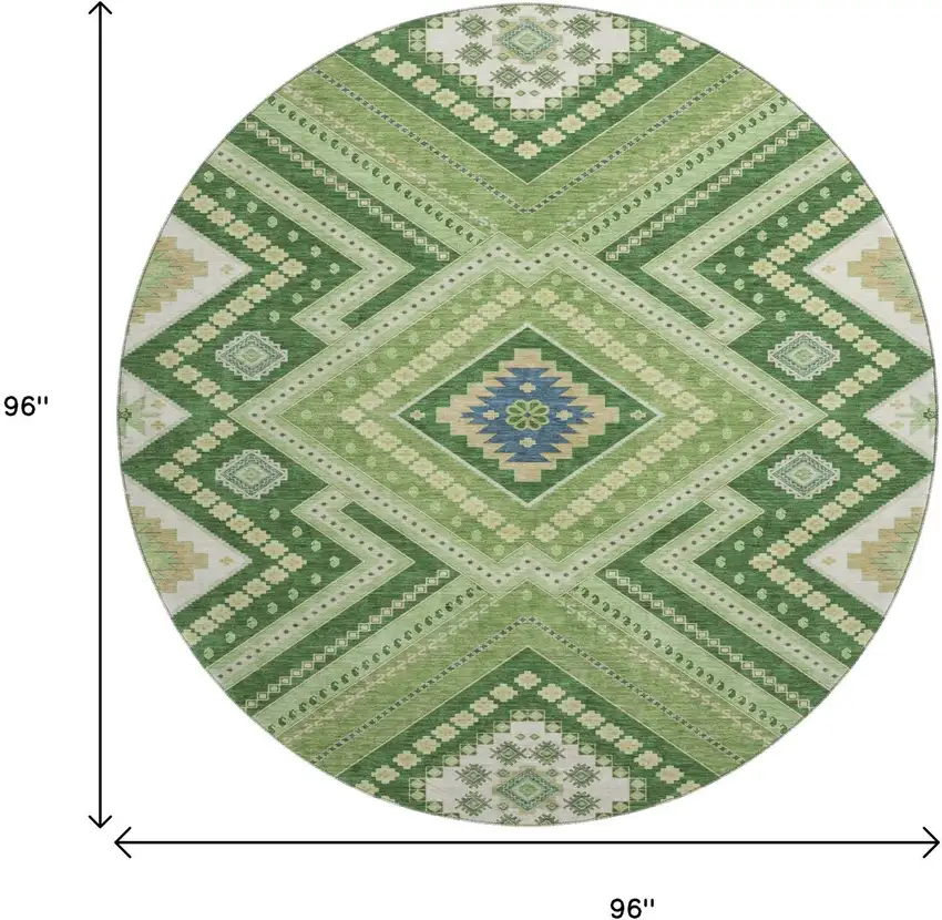8' Green Navy Blue And Ivory Tribal Washable Round Rug With UV Protection Photo 9