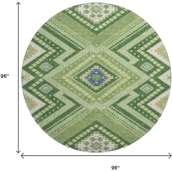 8' Green Navy Blue And Ivory Tribal Washable Round Rug With UV Protection Photo 9