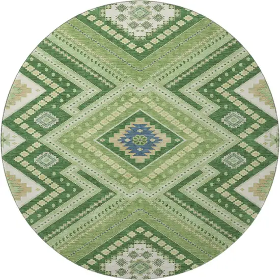 8' Green Navy Blue And Ivory Tribal Washable Round Rug With UV Protection Photo 3
