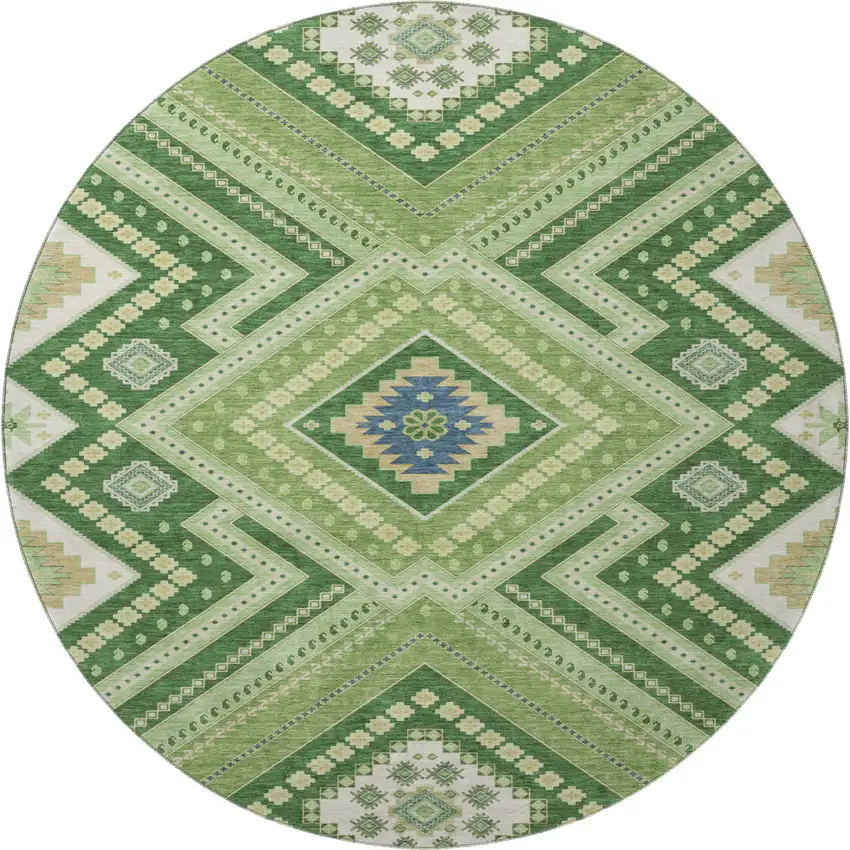 8' Green Navy Blue And Ivory Tribal Washable Round Rug With UV Protection Photo 3