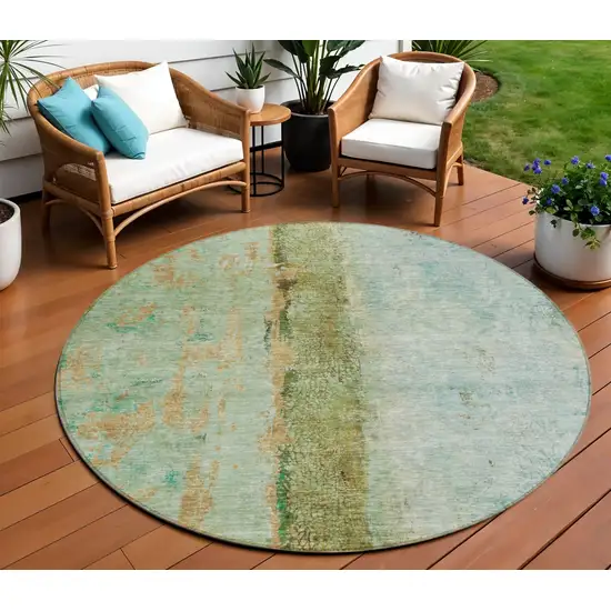 8' Green Olive Green And Blue Round Abstract Washable Indoor Outdoor Area Rug Photo 1