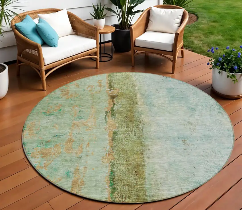 8' Green Olive Green And Blue Round Abstract Washable Indoor Outdoor Area Rug Photo 1