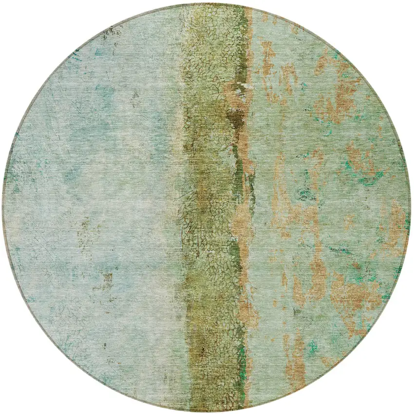 8' Green Olive Green And Blue Round Abstract Washable Indoor Outdoor Area Rug Photo 5