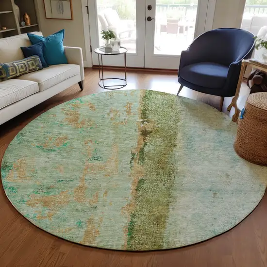 8' Green Olive Green And Blue Round Abstract Washable Indoor Outdoor Area Rug Photo 7