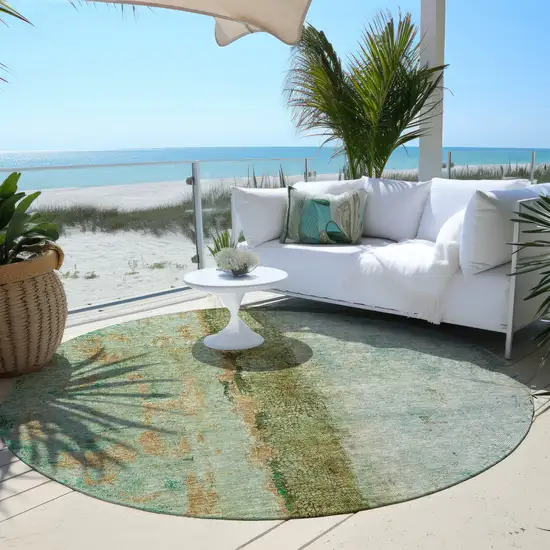 8' Green Olive Green And Blue Round Abstract Washable Indoor Outdoor Area Rug Photo 6