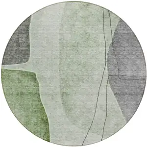 Photo of 8' Green Olive Green And Gray Round Abstract Washable Indoor Outdoor Area Rug
