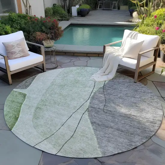 8' Green Olive Green And Gray Round Abstract Washable Indoor Outdoor Area Rug Photo 6