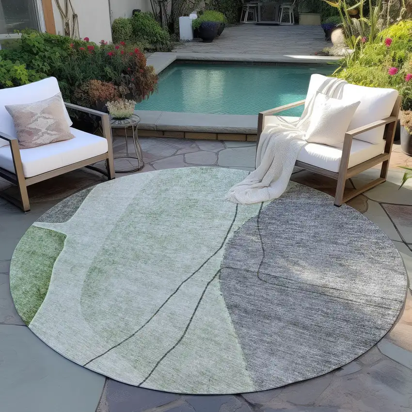 8' Green Olive Green And Gray Round Abstract Washable Indoor Outdoor Area Rug Photo 6
