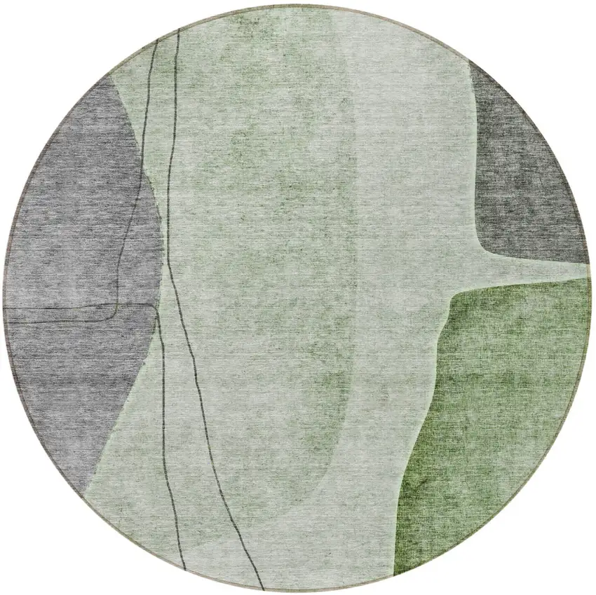 8' Green Olive Green And Gray Round Abstract Washable Indoor Outdoor Area Rug Photo 5