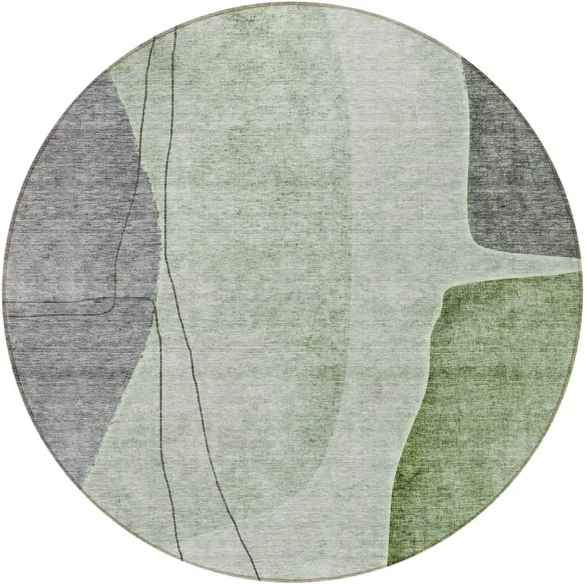 8' Green Olive Green And Gray Round Abstract Washable Indoor Outdoor Area Rug Photo 5