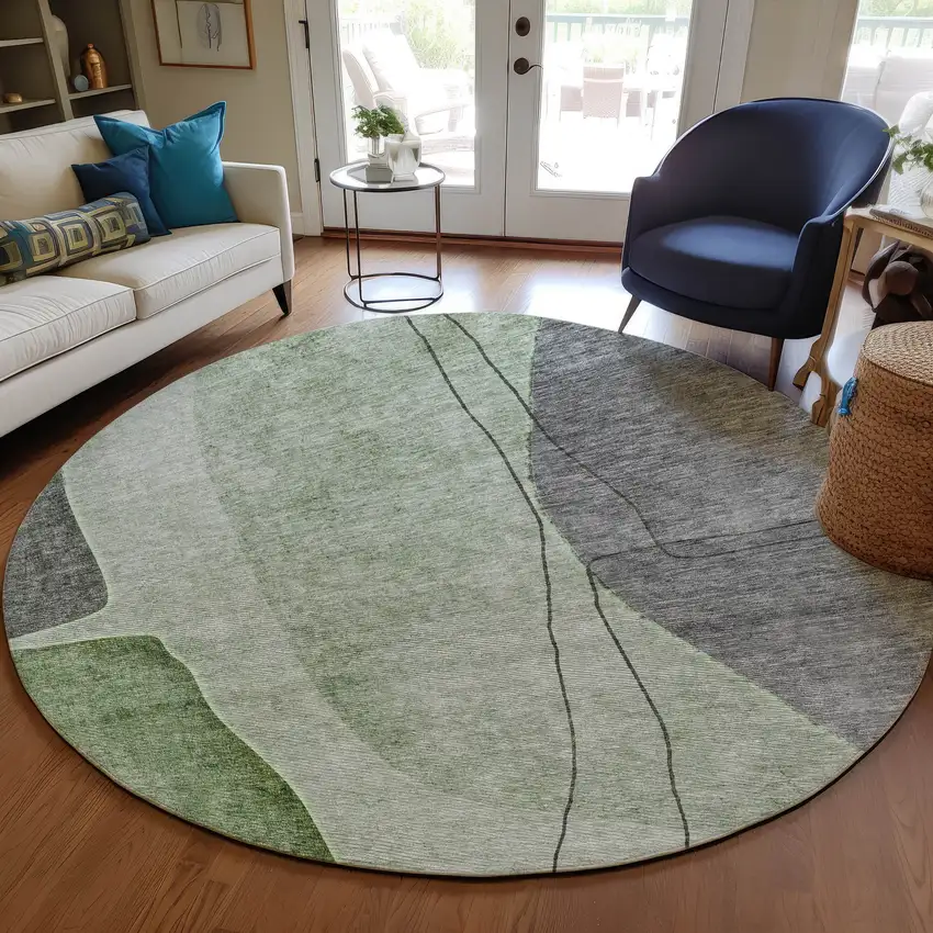 8' Green Olive Green And Gray Round Abstract Washable Indoor Outdoor Area Rug Photo 7