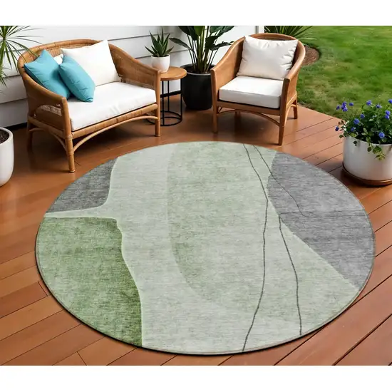8' Green Olive Green And Gray Round Abstract Washable Indoor Outdoor Area Rug Photo 1