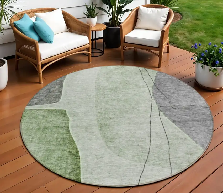 8' Green Olive Green And Gray Round Abstract Washable Indoor Outdoor Area Rug Photo 1