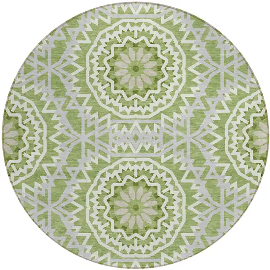8' Green Olive Green And Ivory Round Floral Medallion Washable Indoor Outdoor Area Rug Photo 2