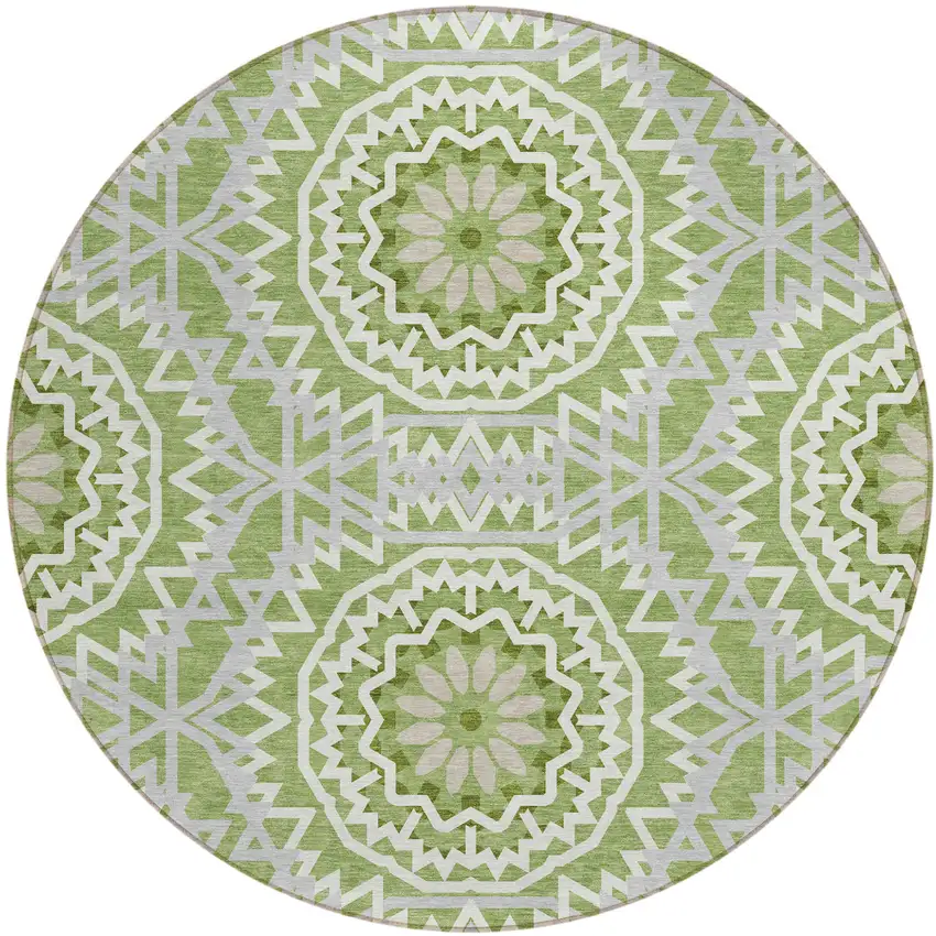 8' Green Olive Green And Ivory Round Floral Medallion Washable Indoor Outdoor Area Rug Photo 2