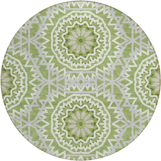 8' Green Olive Green And Ivory Round Floral Medallion Washable Indoor Outdoor Area Rug Photo 2