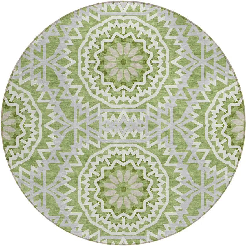 8' Green Olive Green And Ivory Round Floral Medallion Washable Indoor Outdoor Area Rug Photo 2