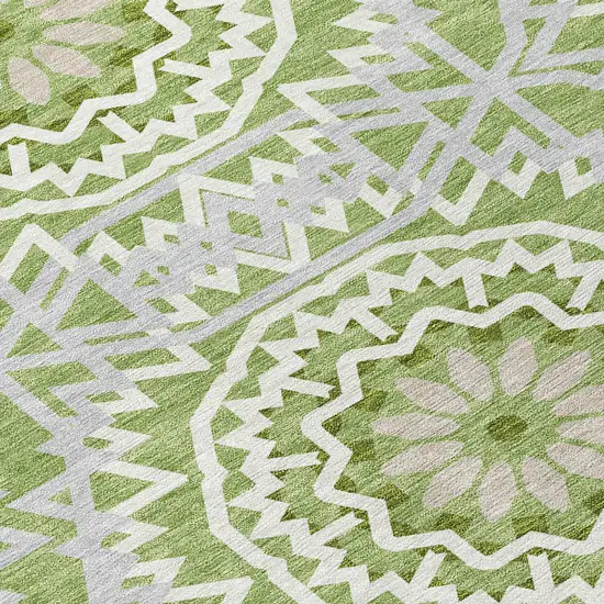 8' Green Olive Green And Ivory Round Floral Medallion Washable Indoor Outdoor Area Rug Photo 4