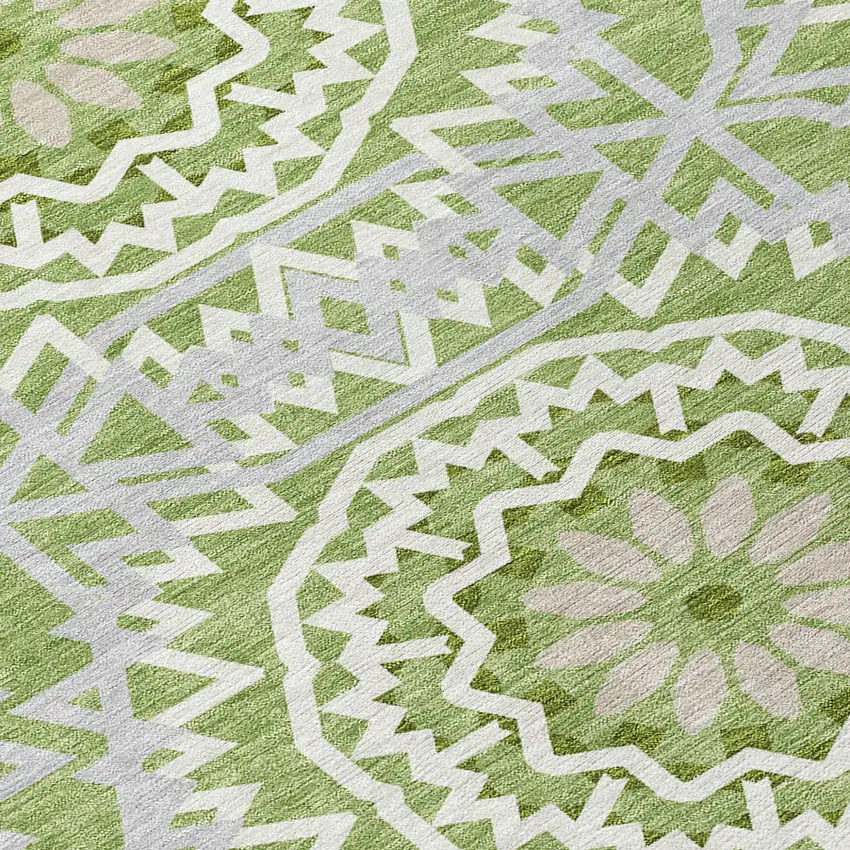 8' Green Olive Green And Ivory Round Floral Medallion Washable Indoor Outdoor Area Rug Photo 4