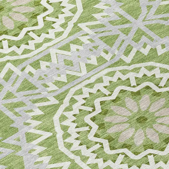 8' Green Olive Green And Ivory Round Floral Medallion Washable Indoor Outdoor Area Rug Photo 4