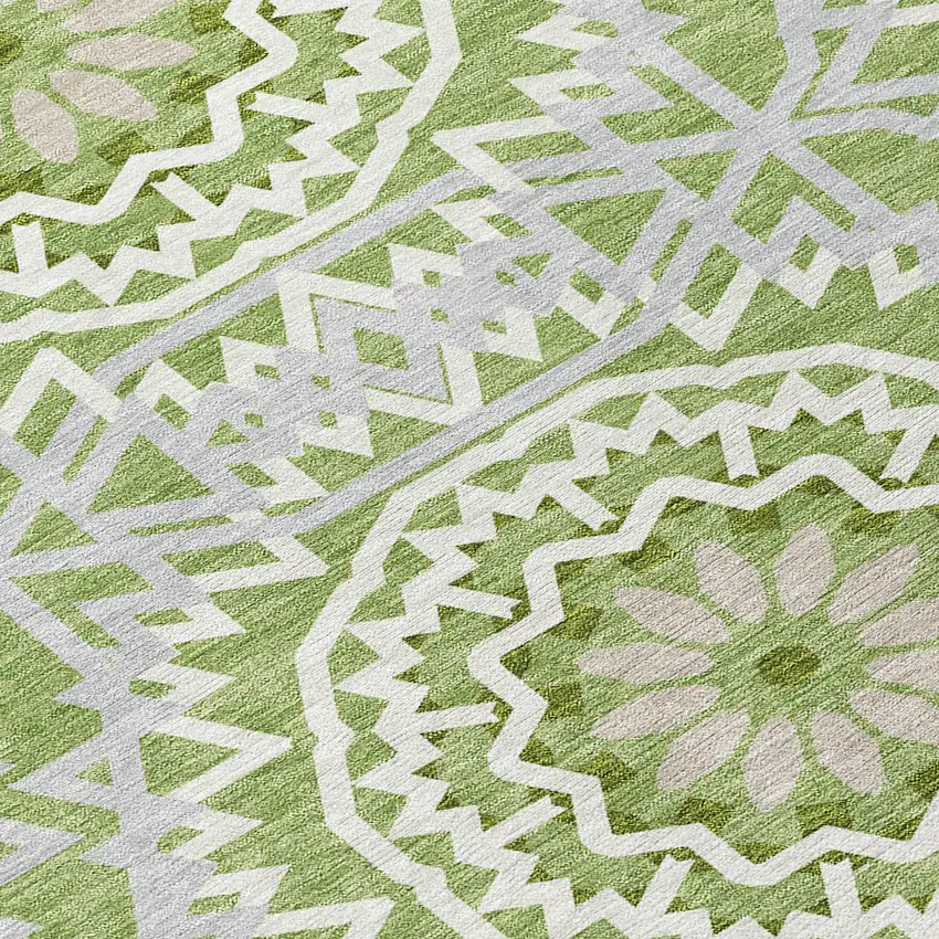 8' Green Olive Green And Ivory Round Floral Medallion Washable Indoor Outdoor Area Rug Photo 4