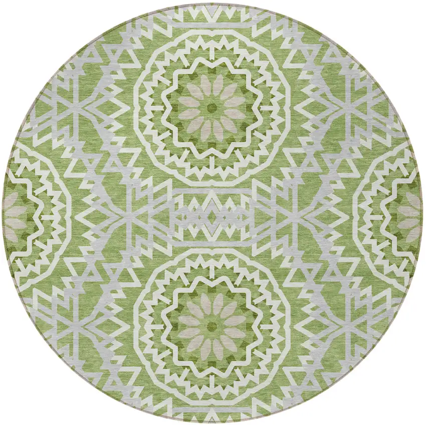 8' Green Olive Green And Ivory Round Floral Medallion Washable Indoor Outdoor Area Rug Photo 5