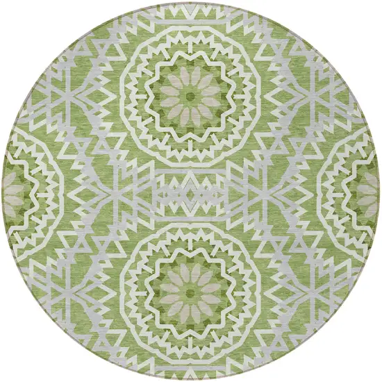 8' Green Olive Green And Ivory Round Floral Medallion Washable Indoor Outdoor Area Rug Photo 5