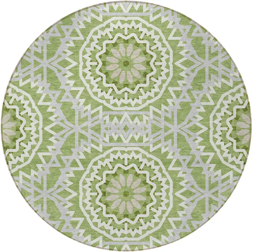 8' Green Olive Green And Ivory Round Floral Medallion Washable Indoor Outdoor Area Rug Photo 5
