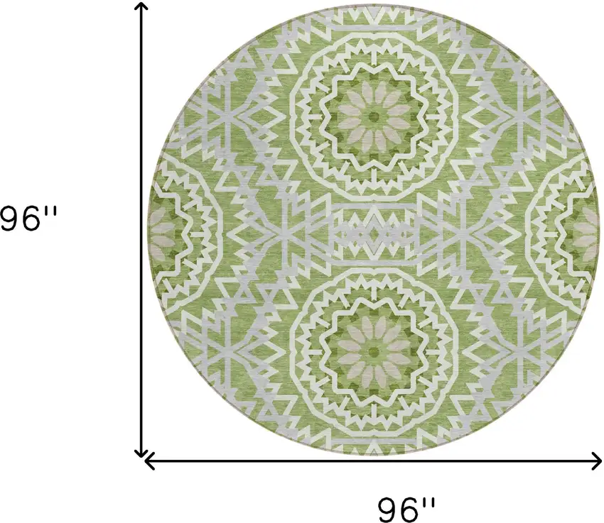 8' Green Olive Green And Ivory Round Floral Medallion Washable Indoor Outdoor Area Rug Photo 3