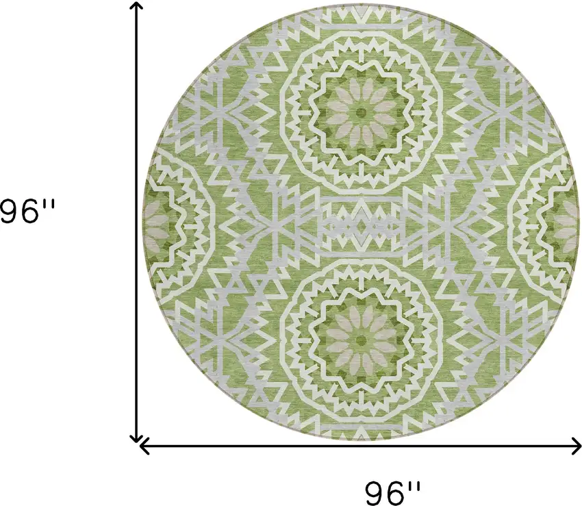 8' Green Olive Green And Ivory Round Floral Medallion Washable Indoor Outdoor Area Rug Photo 3
