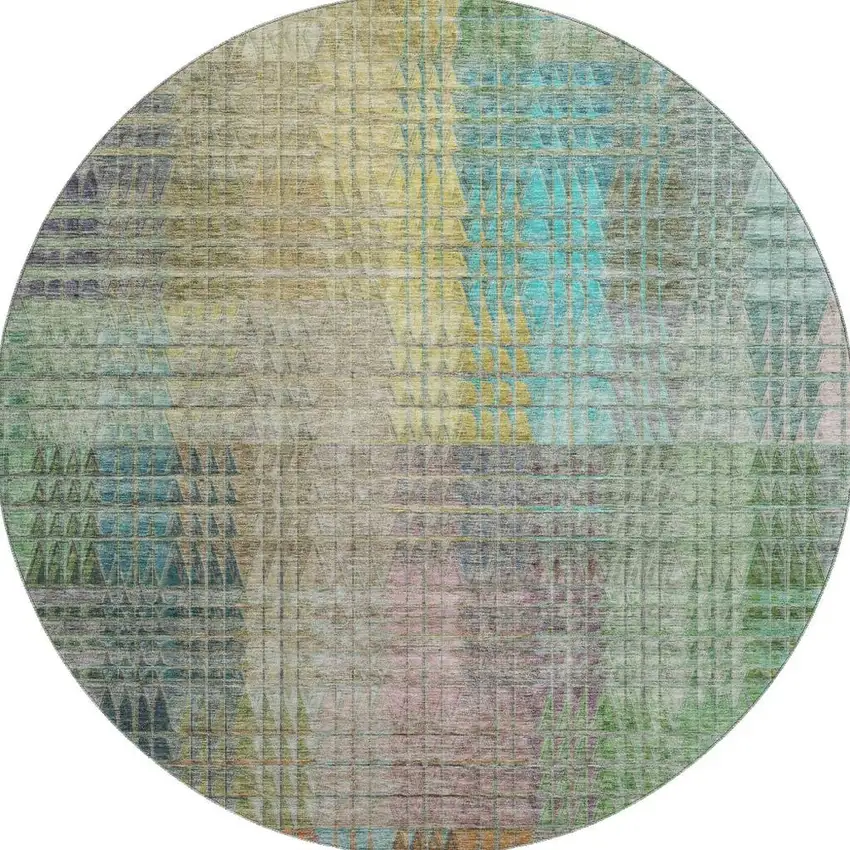 8' Green Orange And Blue Abstract Geometric Washable Round Rug With UV Protection Photo 4