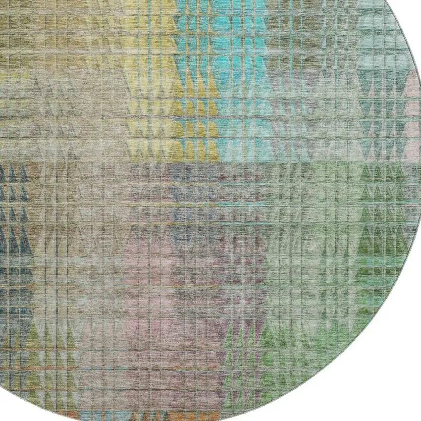 8' Green Orange And Blue Abstract Geometric Washable Round Rug With UV Protection Photo 3