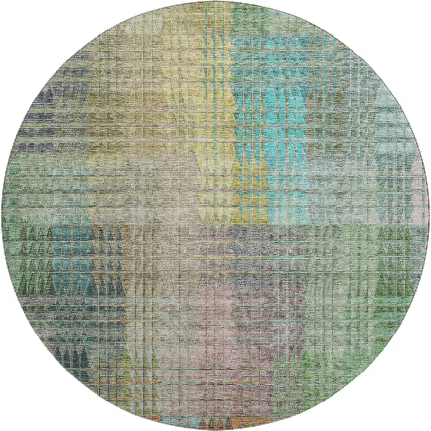 8' Green Orange And Blue Abstract Geometric Washable Round Rug With UV Protection Photo 1