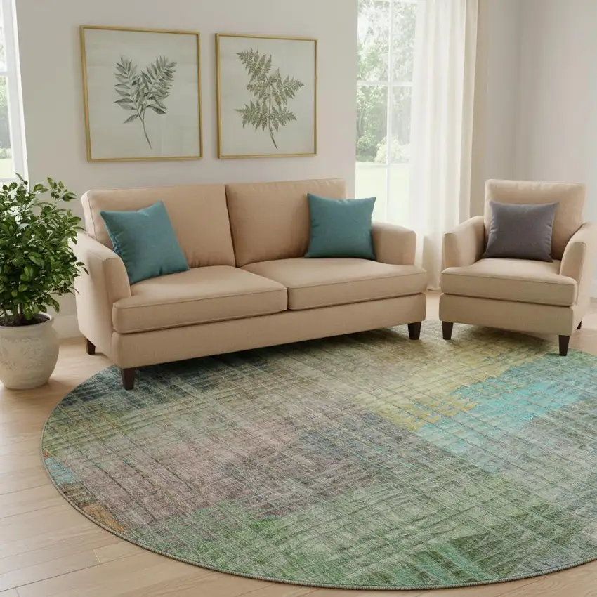 8' Green Orange And Blue Abstract Geometric Washable Round Rug With UV Protection Photo 1