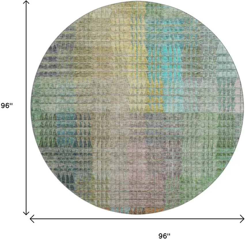 8' Green Orange And Blue Abstract Geometric Washable Round Rug With UV Protection Photo 3