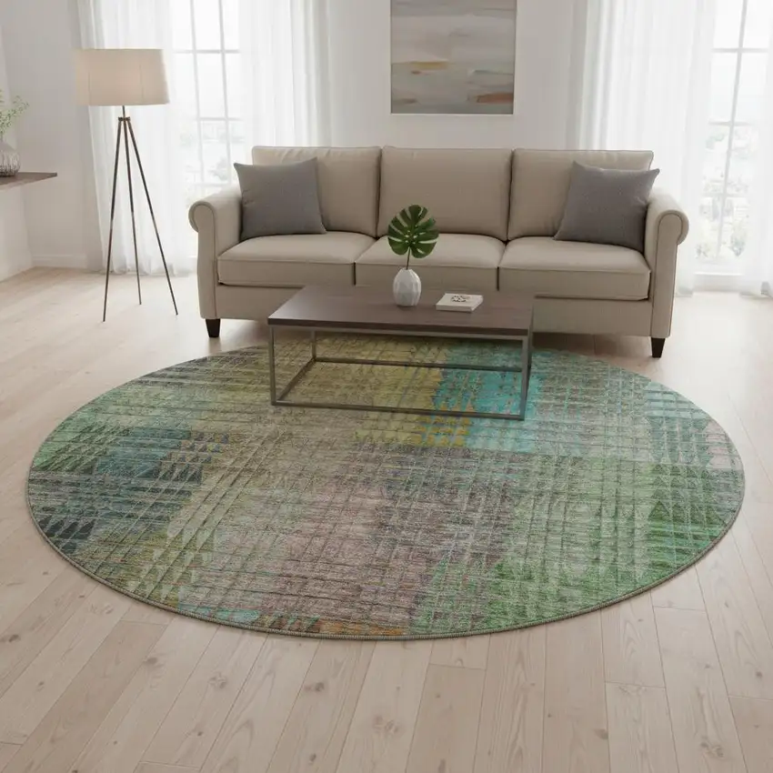 8' Green Orange And Blue Abstract Geometric Washable Round Rug With UV Protection Photo 2