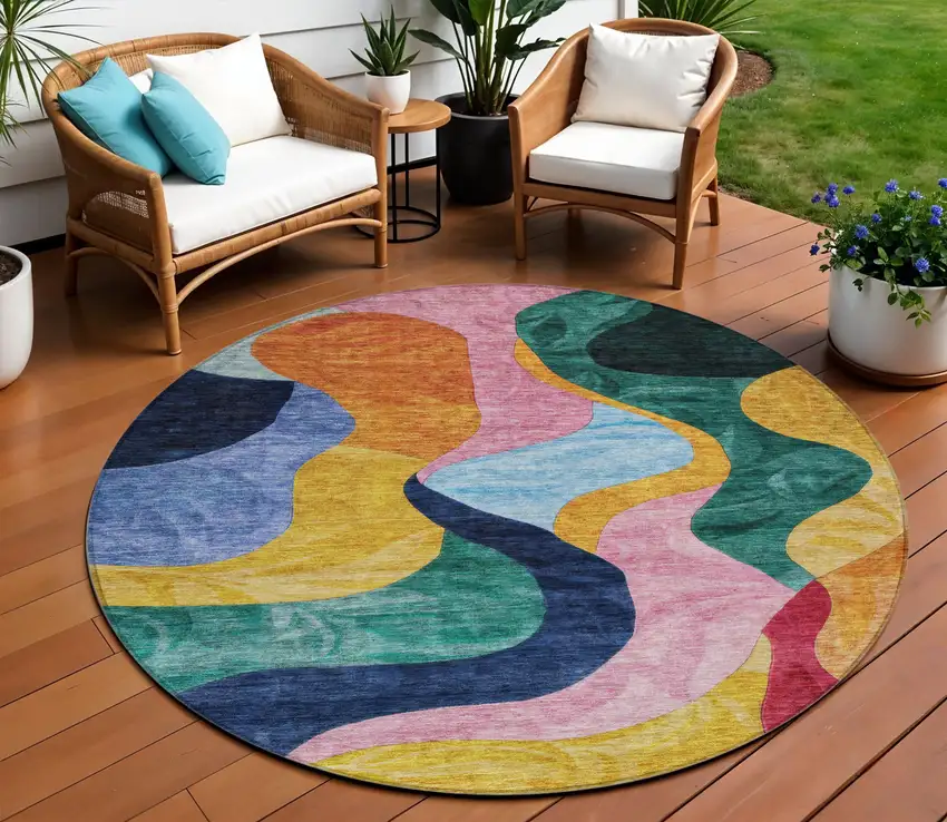 8' Green Orange And Pink Round Abstract Washable Indoor Outdoor Area Rug Photo 1