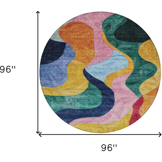8' Green Orange And Pink Round Abstract Washable Indoor Outdoor Area Rug Photo 8
