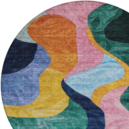 8' Green Orange And Pink Round Abstract Washable Indoor Outdoor Area Rug Photo 6