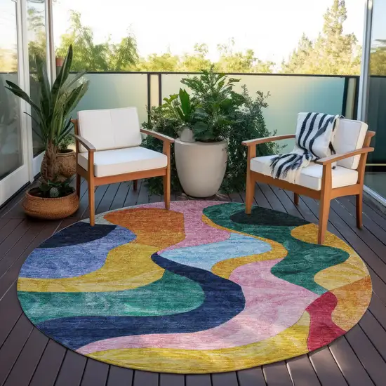 8' Green Orange And Pink Round Abstract Washable Indoor Outdoor Area Rug Photo 8
