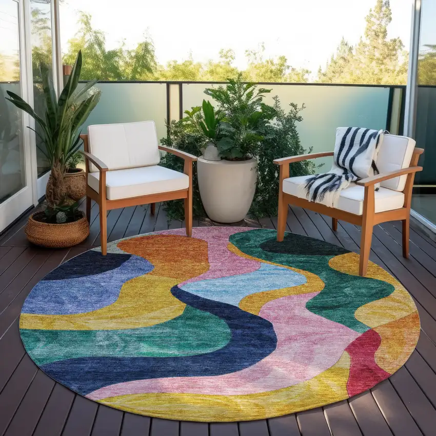 8' Green Orange And Pink Round Abstract Washable Indoor Outdoor Area Rug Photo 8