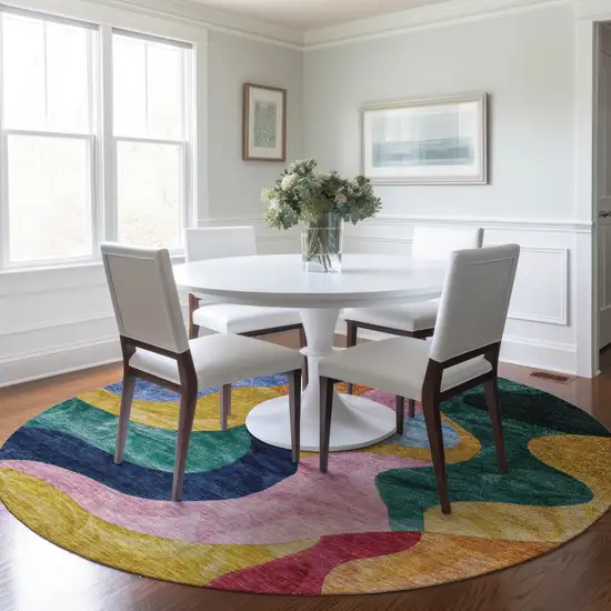 8' Green Orange And Pink Round Abstract Washable Indoor Outdoor Area Rug Photo 9