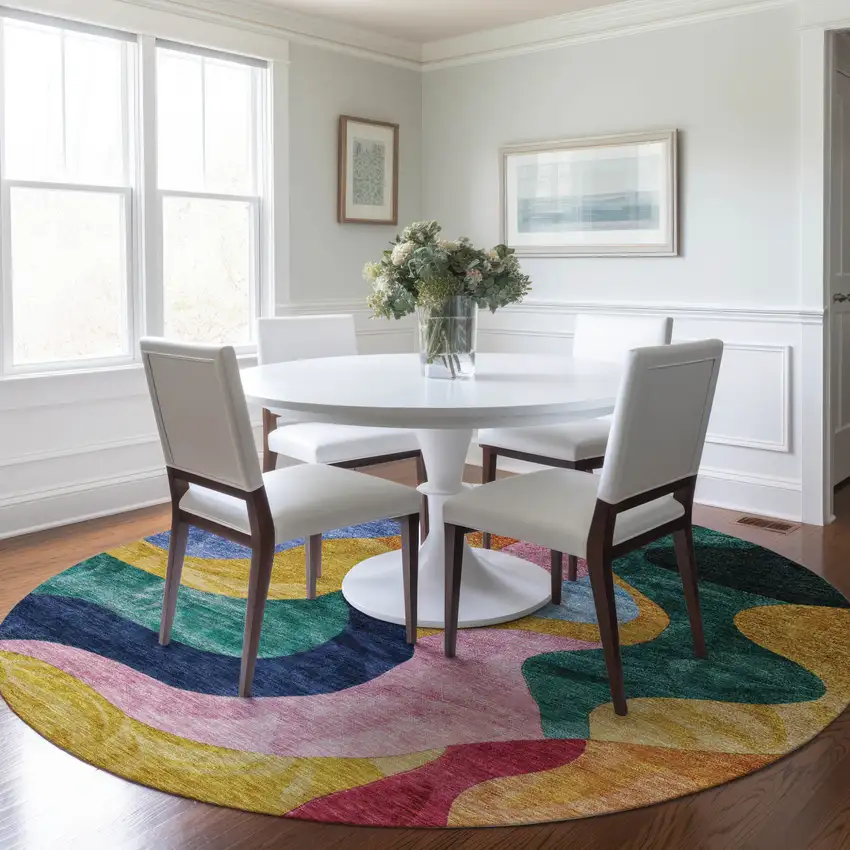 8' Green Orange And Pink Round Abstract Washable Indoor Outdoor Area Rug Photo 9