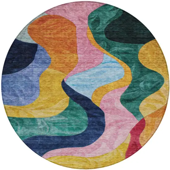 8' Green Orange And Pink Round Abstract Washable Indoor Outdoor Area Rug Photo 2