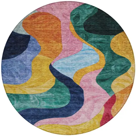 8' Green Orange And Pink Round Abstract Washable Indoor Outdoor Area Rug Photo 7