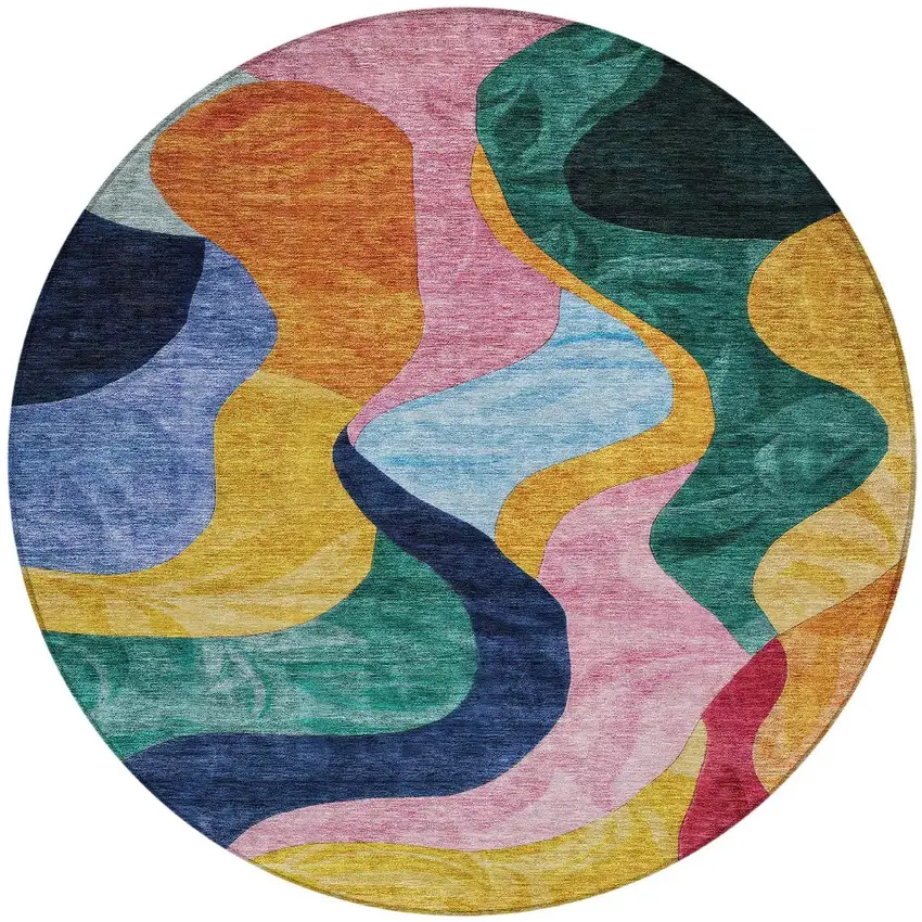 8' Green Orange And Pink Round Abstract Washable Indoor Outdoor Area Rug Photo 7