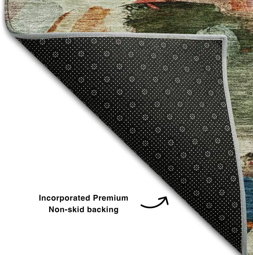 8' Green Orange And Teal Abstract Washable Round Rug With UV Protection Photo 5